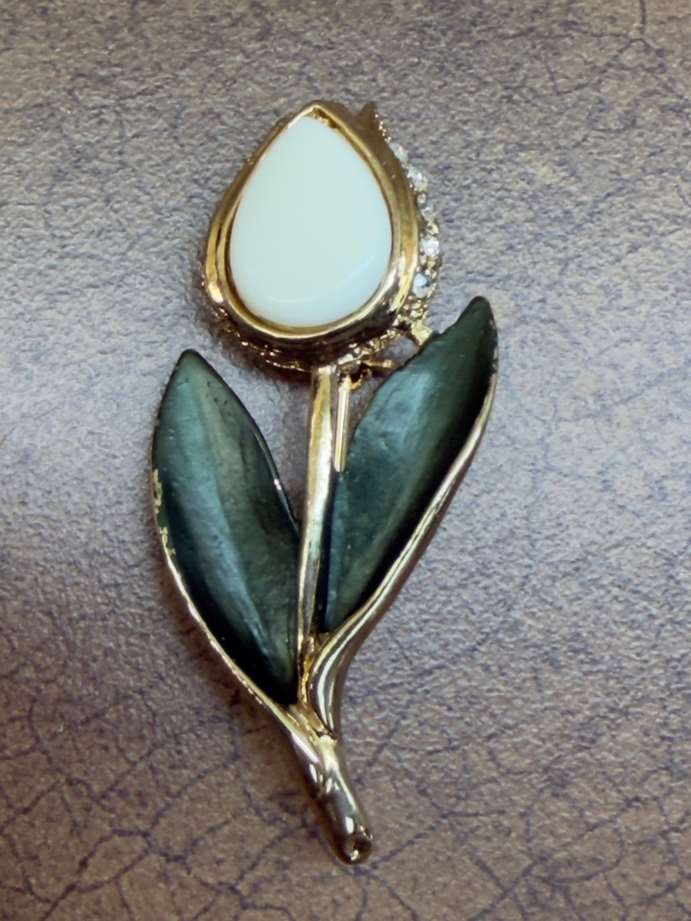 Gold-Tone Floral Tulip Brooch with White Petal and Green Leaves